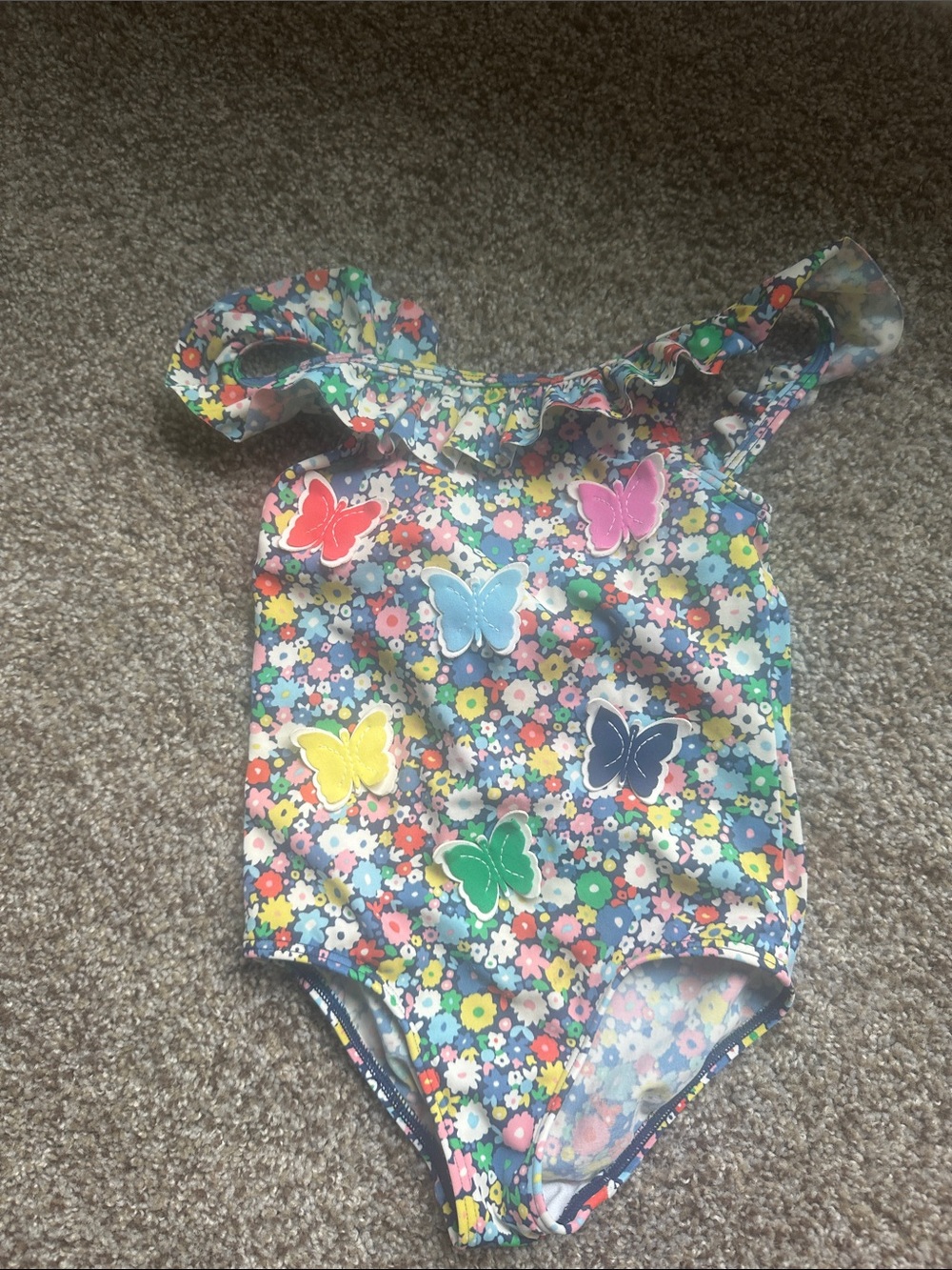 Mini Boden Multicolor Floral & Butterfly Ruffle One-Piece